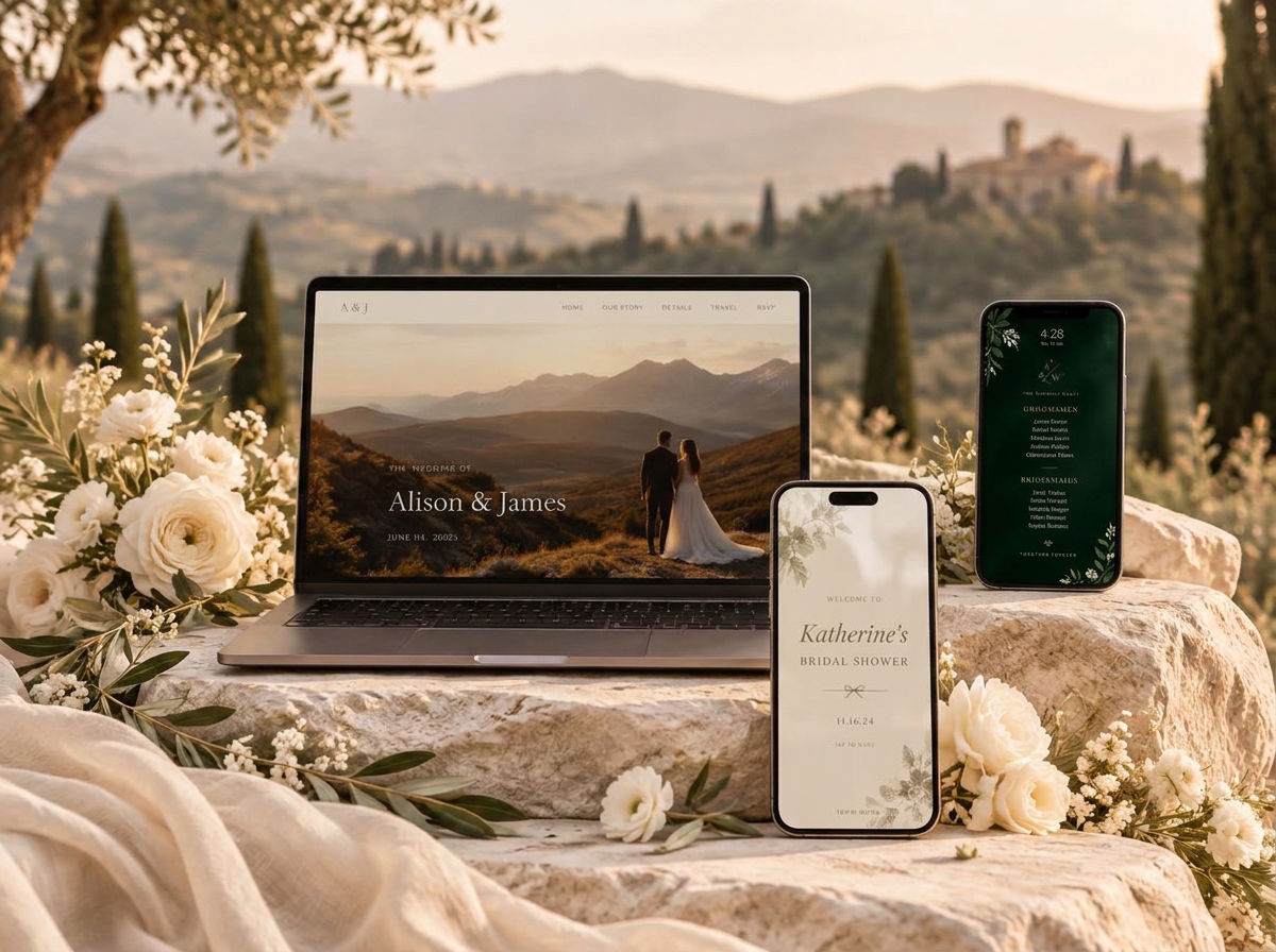 Notebook com site de casamento e celulares com experiências para chá de panela e padrinhos em uma cena florida