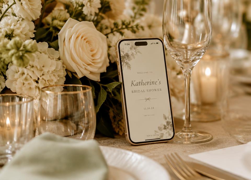 Celular exibindo o site de chá de panela sobre uma mesa florida